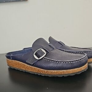 Birkenstock, Navy Leather Loafers with Silver Buckle, Narrow Fit